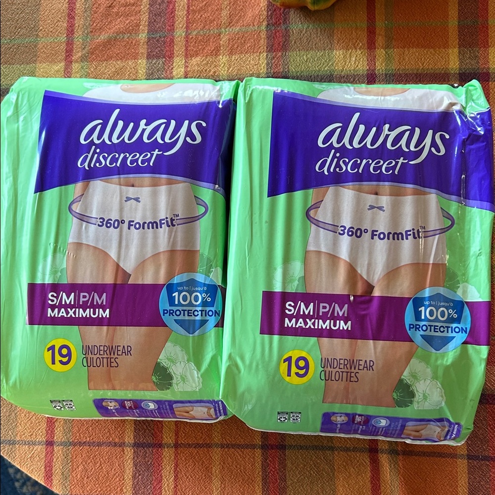 2 (19 ct. ea.) Always Discreet women's disposable underwear